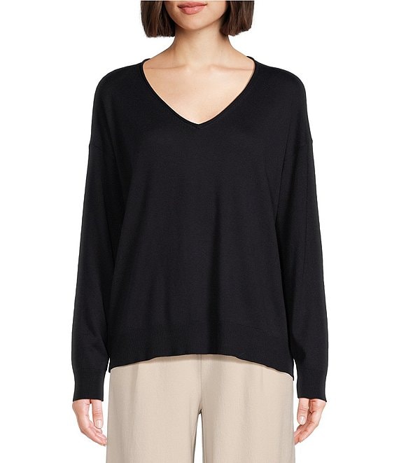 Eileen Fisher Peruvian Organic Cotton V-Neck Long Sleeve Boxy Sweater ...