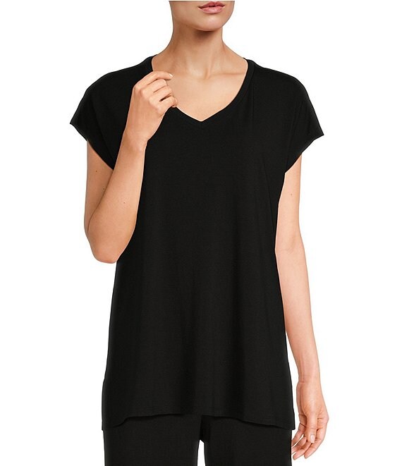 Color:Black - Image 1 - Petite Size Fine Stretch Knit Jersey V-Neck Cap Sleeve Boxy Top