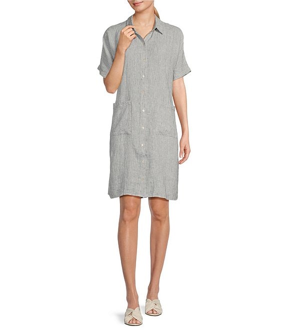 Eileen Fisher Petite Size Striped Crinkle Organic Linen Point Collar ...