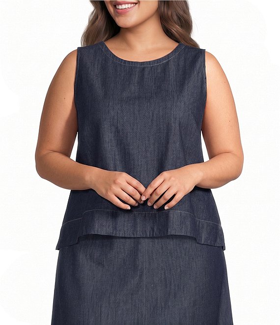 Eileen Fisher Plus Lightweight Denim Round Neck Sleevless Shell Top