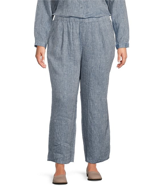 Eileen Fisher Plus Size Chambray Organic Linen Yarn-Dyed Wide-Leg Pull-On  Ankle Pants