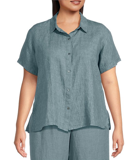 Eileen Fisher Plus Size Classic Washed Organic Linen Delave Cross Dyed ...