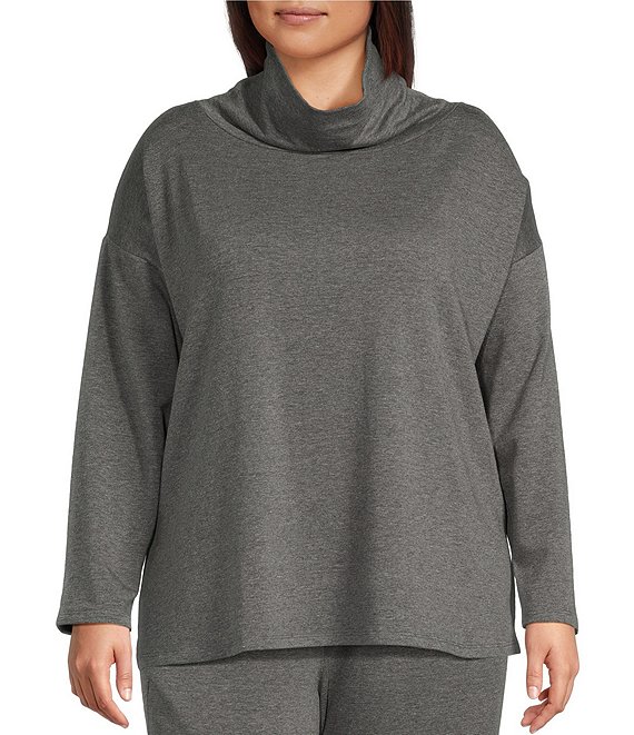 Eileen Fisher Plus Size Cozy Brushed Terry Knit Drapey Funnel Neck Long ...