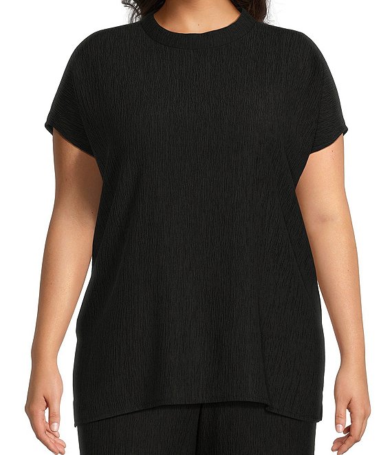 Eileen Fisher Plus Size Crinkle Woven Plisse Crew Neck Short Sleeve ...