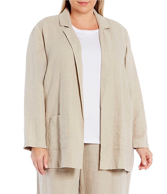 Eileen Fisher Plus Size Organic Linen Notch Lapel Collar Long Sleeve Pocketed Open Front Long Blazer Dillard s