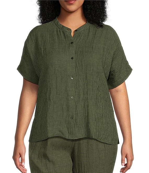 Color:Loden - Image 1 - Plus Size Organic Linen Seersucker Checked Print Short Sleeve Coordinating Button Front Shirt