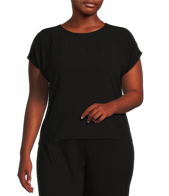 Color:Black - Image 1 - Plus Size Silk Georgette Crepe Short Sleeve Crew Neck Top