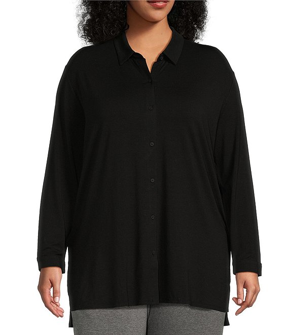 Eileen Fisher Plus Size Stretch Jersey Knit Point Collar Long Sleeve ...