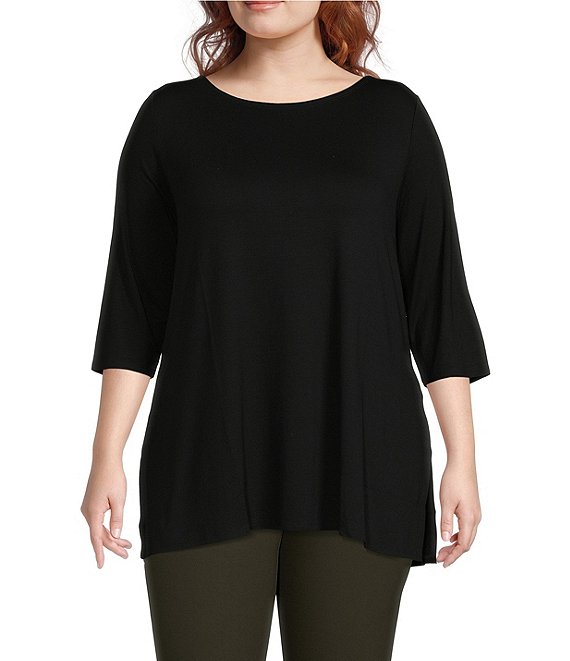 Eileen Fisher Plus Size Stretch Knit Jersey Boat Neck 3/4 Sleeve Long ...