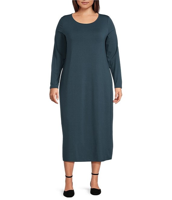 Eileen Fisher Plus Size Tencel ™ Scoop Neck Long Sleeve Knit Jersey Shift Midi Dress