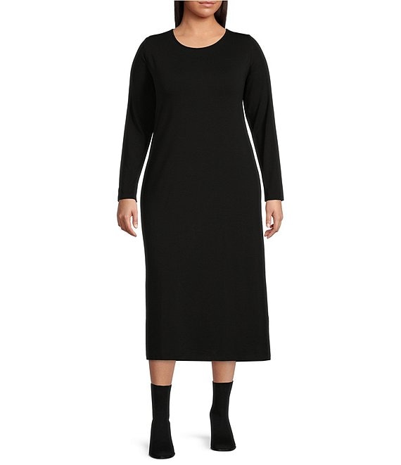 Color:Black - Image 1 - Plus Size Tencel ™ Jewel Neck Long Sleeve Knit Jersey Shift Midi Dress