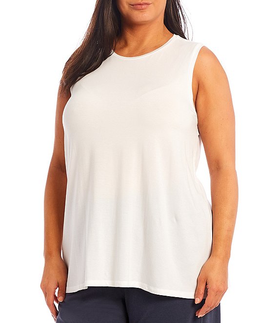 Color:White - Image 1 - Plus Size Tencel Jersey Jewel Neck Long Shell