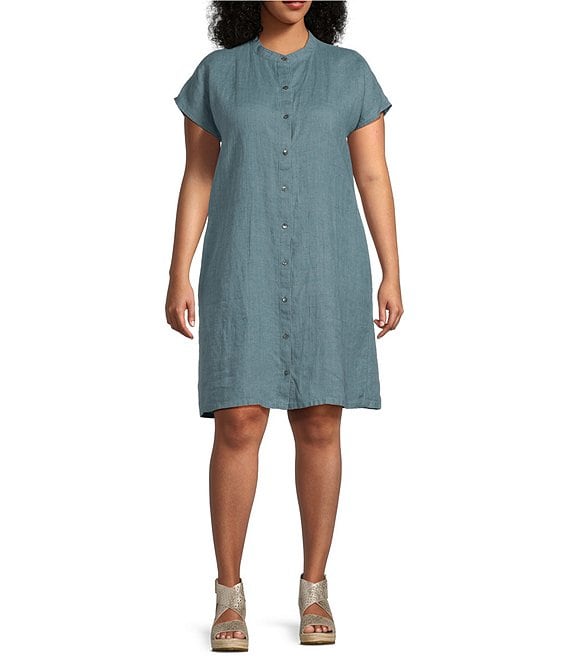 Eileen Fisher Plus Size Washed Organic Linen Delave Cross Dyed Banded ...