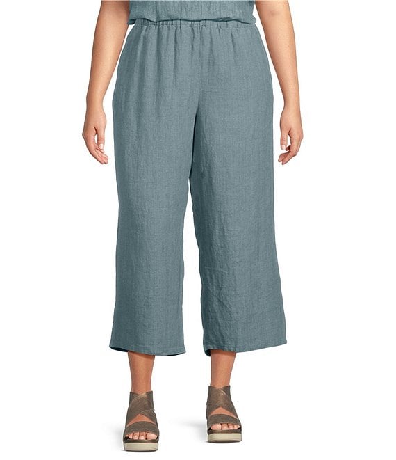 Eileen Fisher Plus Size Washed Organic Linen Delave Cross Dyed Wide Leg ...