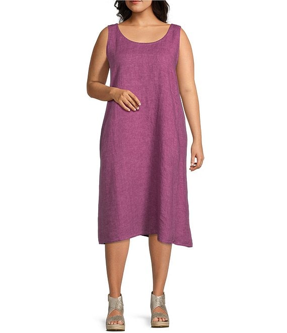 Eileen Fisher Plus Size Washed Organic Linen Delave Sleeveless Shift ...