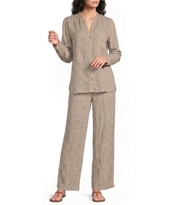 Eileen Fisher Puckered Organic Linen Stripe Drawstring Wide Ankle Coordinating Pants