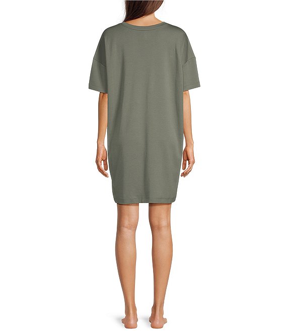eileen fisher short sleeve knit dress Eileen Fisher Tunic Dress Womens S Petite Navy Side Zip Short Sleeve Round  Neck