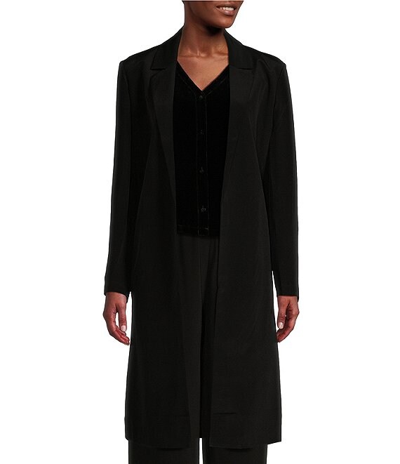 Eileen Fisher Silk Double Crepe Notch Collar Long Sleeve Open Front Long Blazer