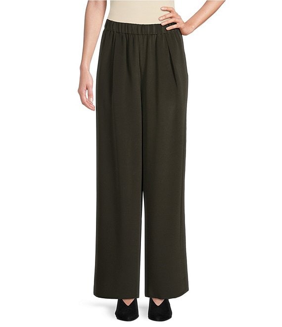 Color:Woodland - Image 1 - Silk Double Crepe Single Pleat Front Details Wide-Leg Pull-On Pants