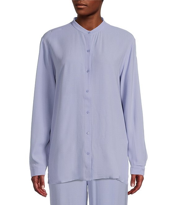 Color:Plume - Image 1 - Silk Georgette Crepe Banded Mandarin Collar Long Sleeve Shirt