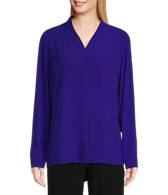 Eileen Fisher Silk Georgette Crepe V-Neck Long Sleeve Side Slit Long ...