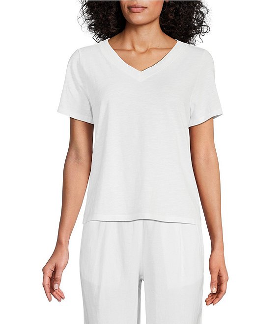 Eileen Fisher Slubby Organic Cotton Jersey V-Neck Short Sleeve