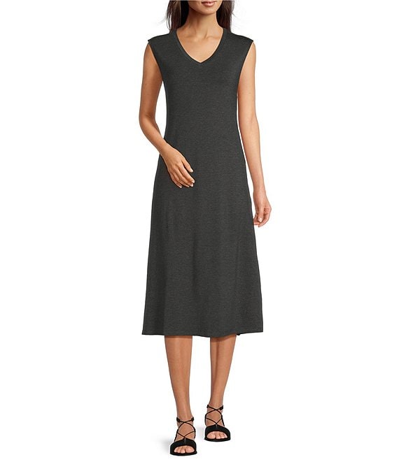 Eileen Fisher Stretch Knit Jersey V-Neck Sleeveless Waistless Shift Midi Dress