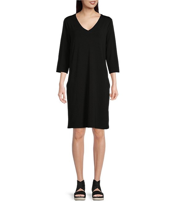 Color:Black - Image 1 - Tencel™ Lyocell Stretch V-Neck 3/4 Sleeve Drop Shoulder Pocketed Waistless Dress