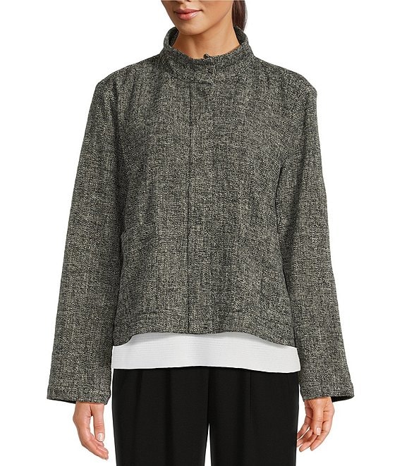 Eileen Fisher Textured Organic Cotton Tweed Stand Collar Long Sleeve Pocketed Jacket