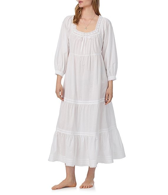 Eileen West 3/4 Sleeve Square Neck Solid Woven Cotton Lawn Tiered Ballet Nightgown, White - Image 1