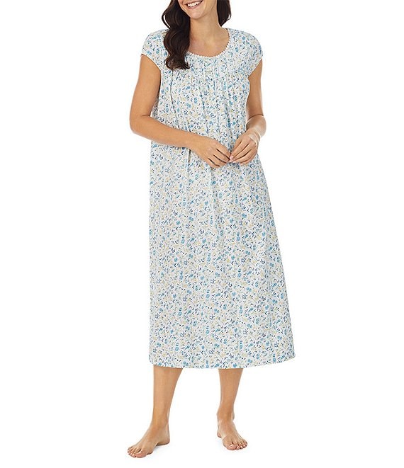 Eileen West Floral Print Soft Cotton Knit Round Neck Cap Sleeve Long Nightgown