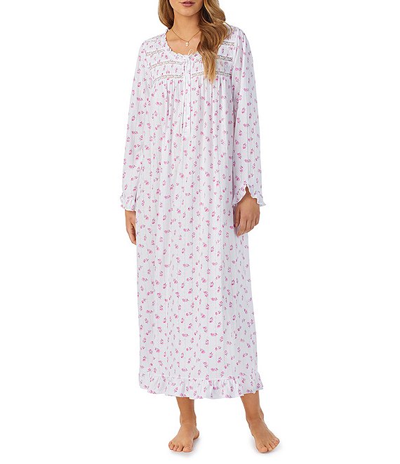 Color:Pink Floral - Image 1 - Knit Pointelle Rose Print Long Sleeve Round Neck Ballet Nightgown