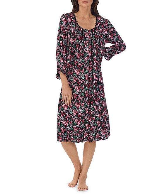Eileen West Long Sleeve Round Neck Knit Floral Print Waltz Nightgown ...