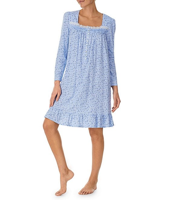 Color:Blue/Floral - Image 1 - Long Sleeve Square Neck Jersey Floral Print Short Cotton Nightgown