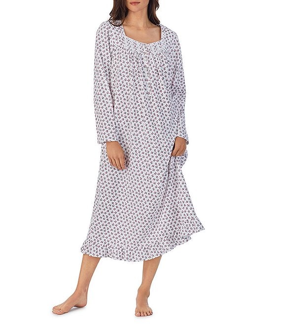 Eileen West Long Sleeve Sweetheart Neck Ditsy Floral Cotton Jersey  Nightgown