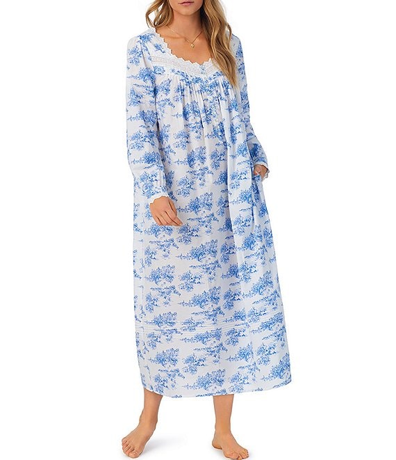 Eileen West Long Sleeve Sweetheart Neck Woven Cotton Lawn Printed Ballet  Nightgown
