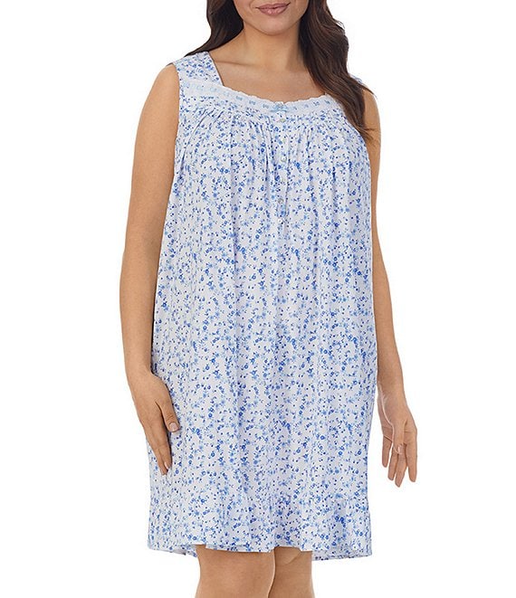 Eileen West Plus Size Floral Print Cotton Jersey Sleeveless Sweetheart Neck Short Nightgown