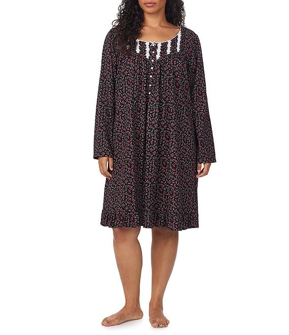 Eileen West Plus Size Floral Print Sweetheart Neck Long Sleeve Knit Short Nightgown, Black Multi Print - Image 1