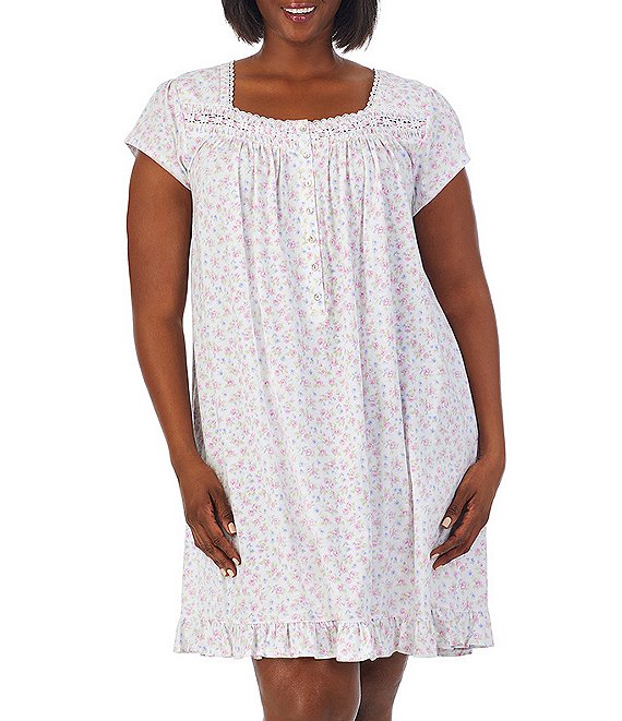Eileen West Plus Size Floral Square Neck Short Sleeve Jersey Knit Short Nightgown | Dillard's