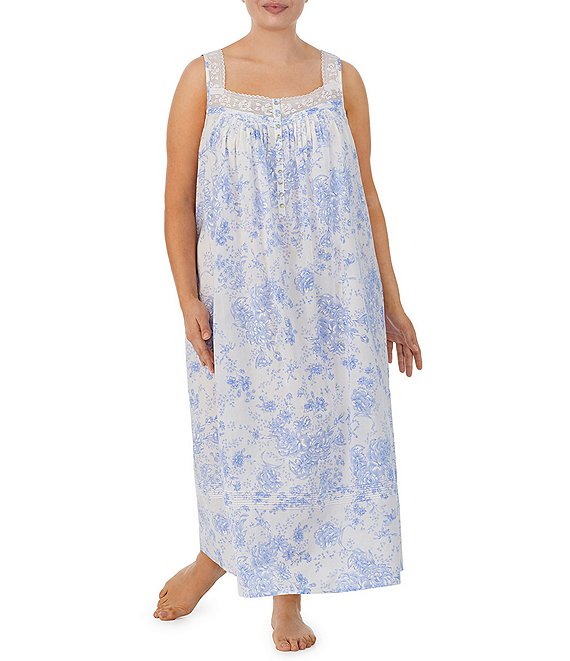 Eileen West Plus Size Tonal Blooms Print Sleeveless Sweetheart Neck Woven Cotton Lawn Nightgown