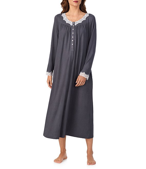 Eileen West Solid Sweater Knit Long Sleeve V-Neck Nightgown, Charcoal - Image 1