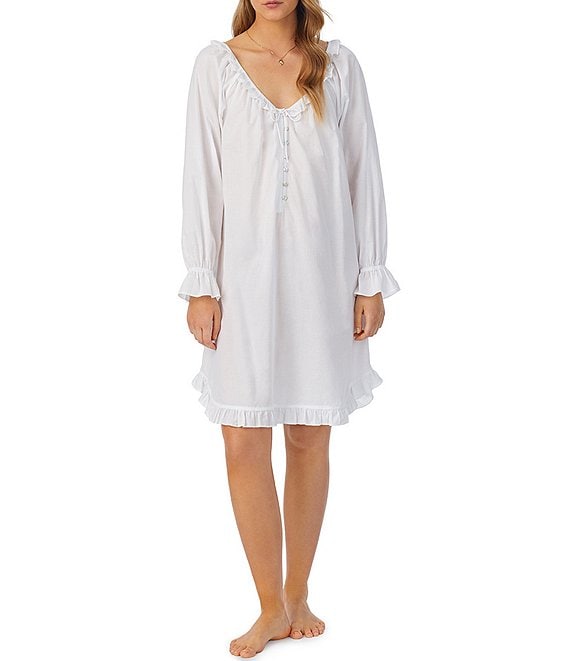 Eileen West Solid Woven Long Sleeve V-Neck Poet Nightshirt