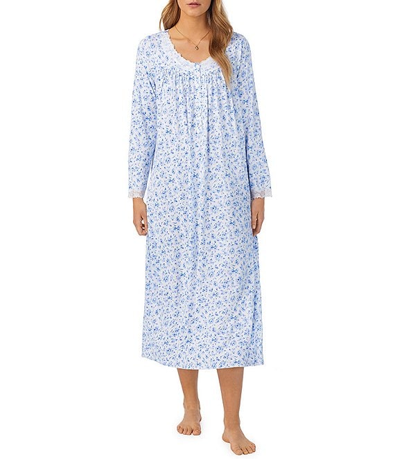 Eileen West Sweater Knit Long Sleeve V-Neck Floral Print Nightgown ...
