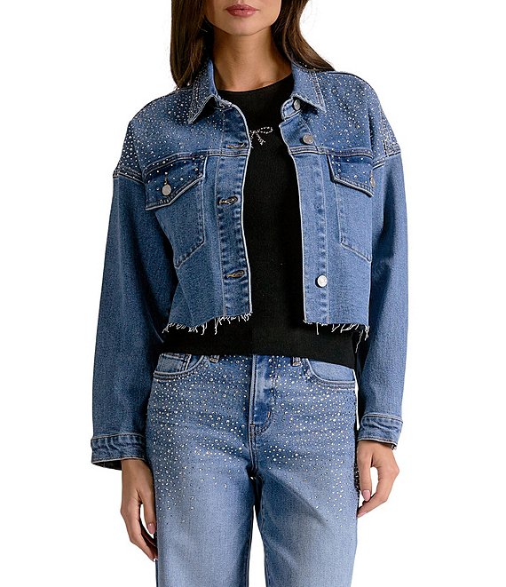 Elan Woven Denim Point Collar Long Sleeve Frayed Hem Jacket