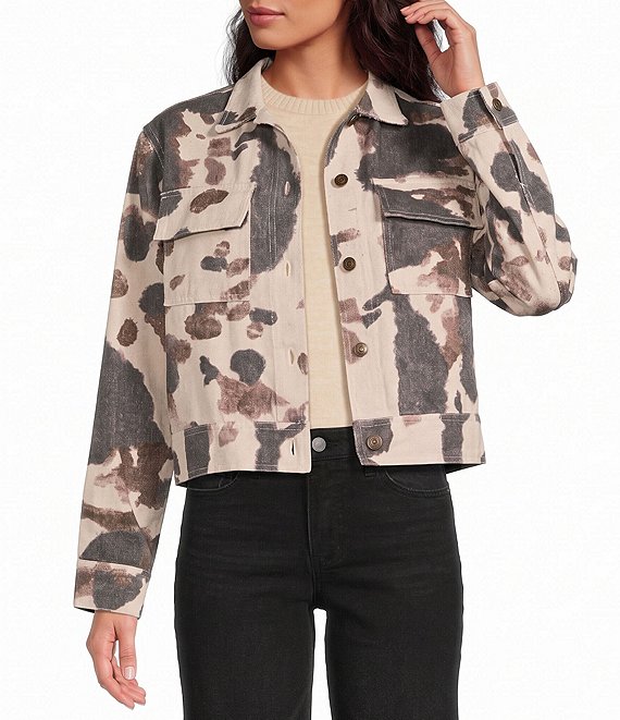 Elan Cow Print Collared Long Sleeve Jacket