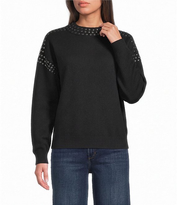 Elan Knit Crew Neck Long Sleeve Rhinestone Embellished Pullover Sweater