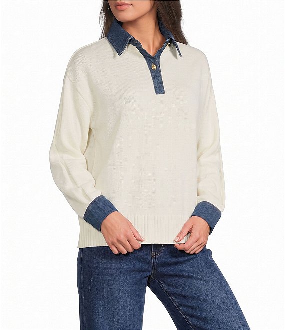 Elan Knit Long Sleeve Denim Collared Top