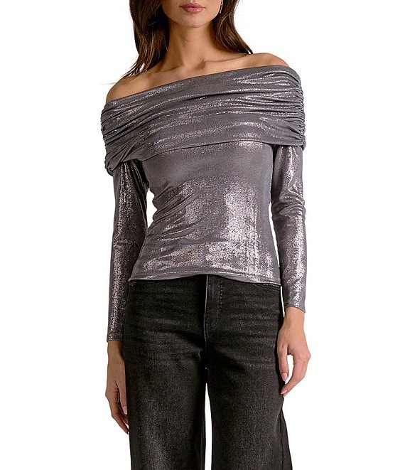 Elan Knit Off-The-Shoulder Long Sleeve Pullover Top