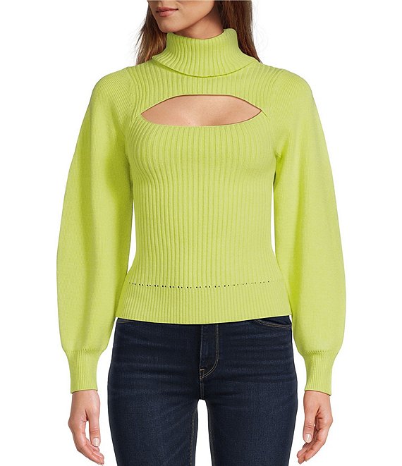 ELAN Solid Knit Turtleneck Bubble Sleeve Front Cut-Out Sweater | Dillard's