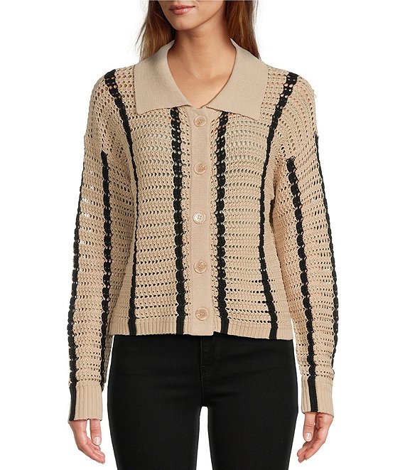 ELAN Stripe Print Point Collar Long Sleeve Button Front Sweater | Dillard's